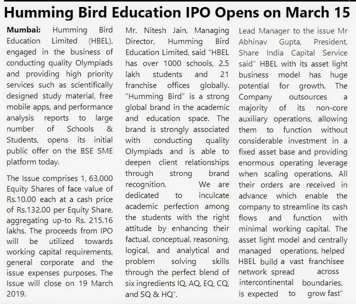 Press coverage – Humming Bird Education